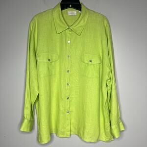 Studio Works Women's 100% Linen Button Front Shirt 2X Roll Sleeve Lime Green